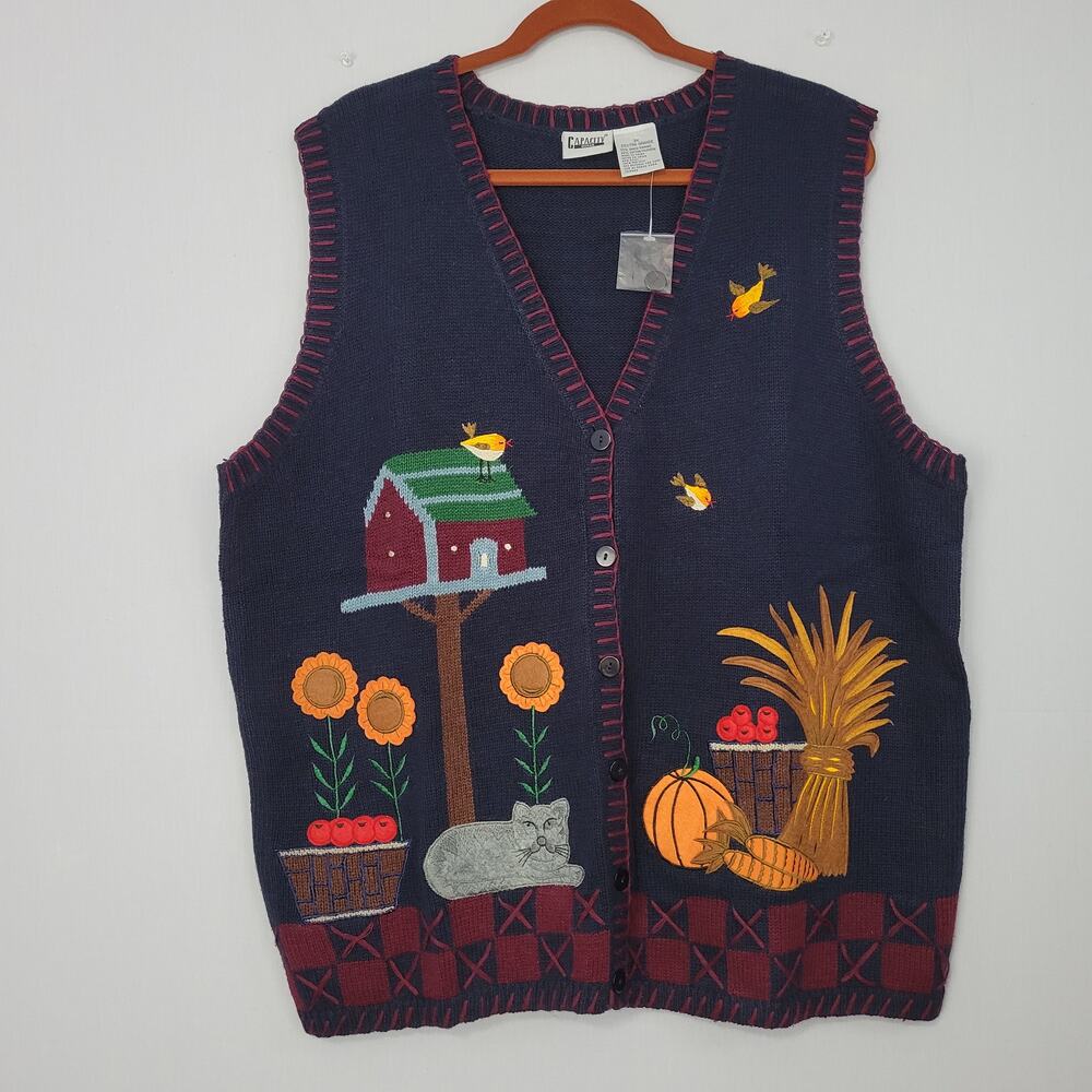 Vintage Ramie Blend Harvest Embroidered Button Front Sweater Vest sz 3X Cat Fall